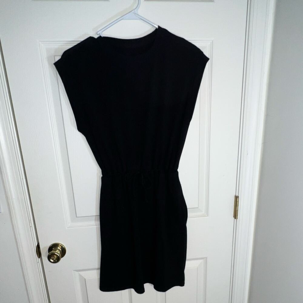A New Day Black Knit Drawstring Waist T-Shirt Dress Pockets Crew Cap Small